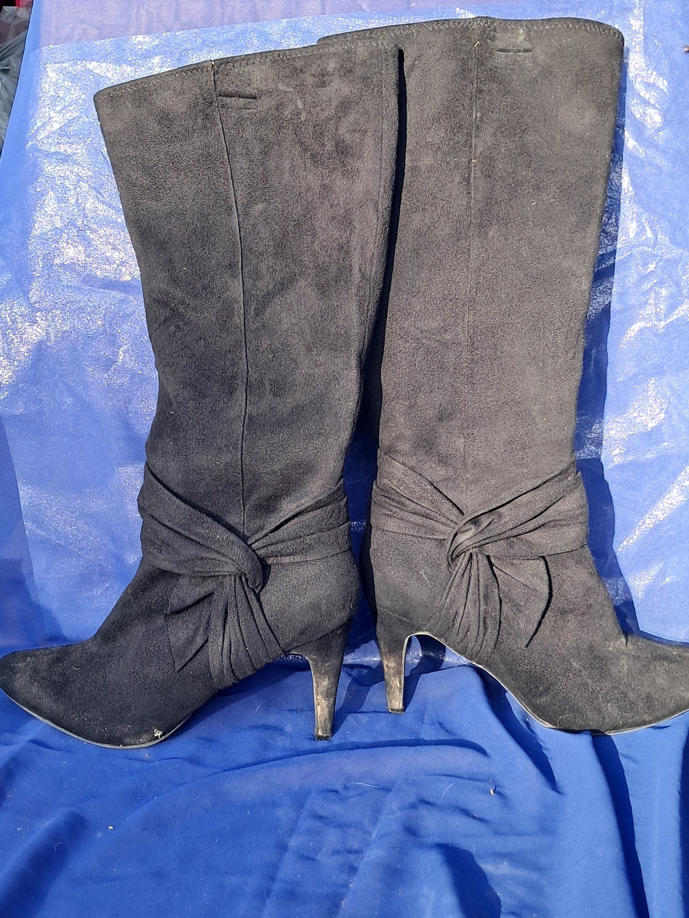 Classic Black Faux-Suede Knee-High Heeled Boots - Women's